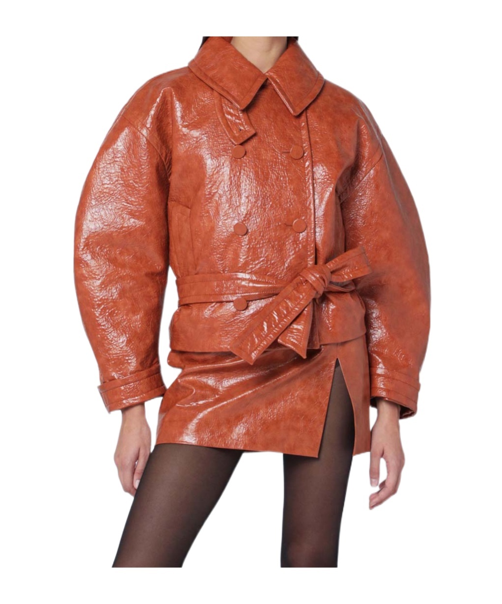 The Andamane Tan Leather-effect Belted Jacket In Brown