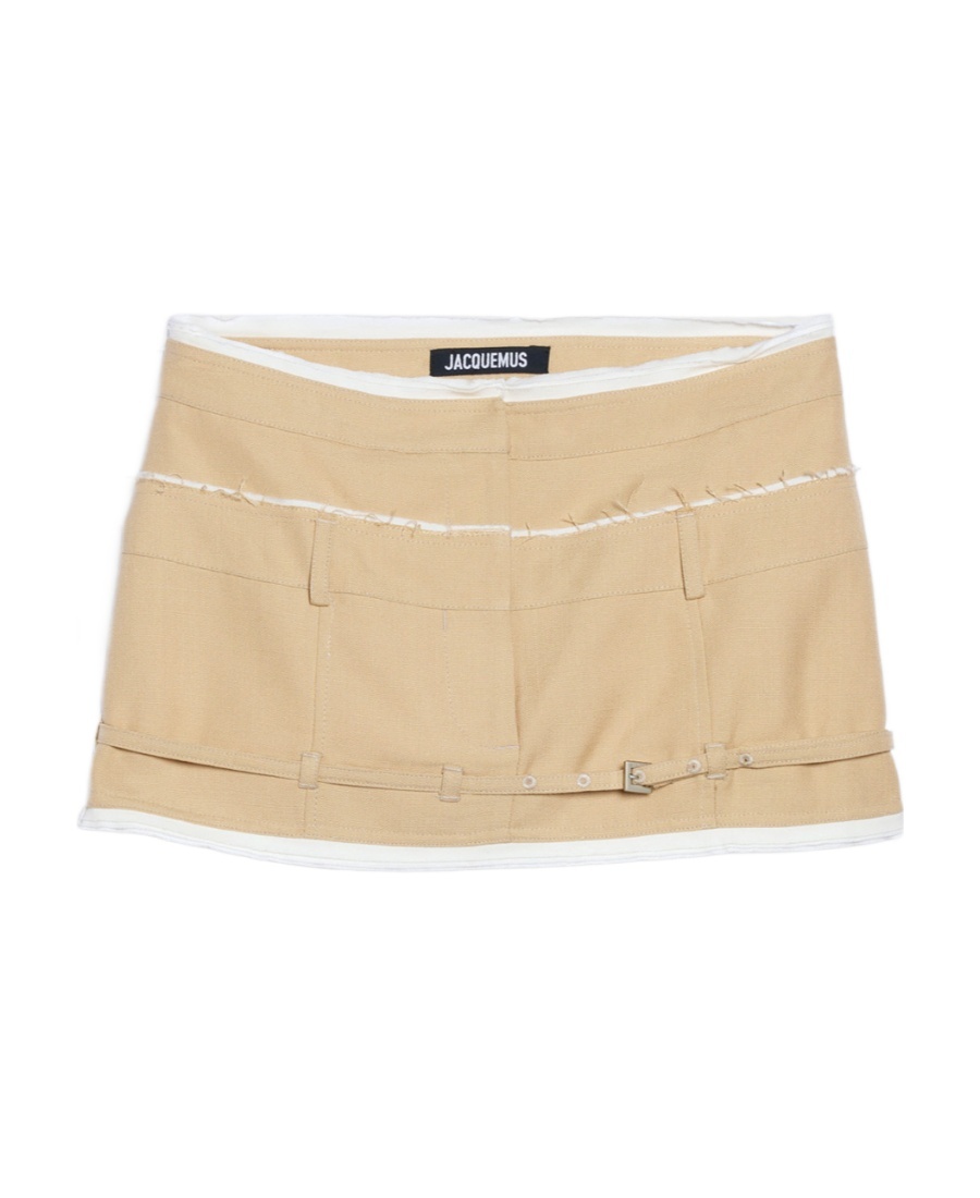 Jacquemus Caraco Buckled Layered Woven Mini Skirt In Nude