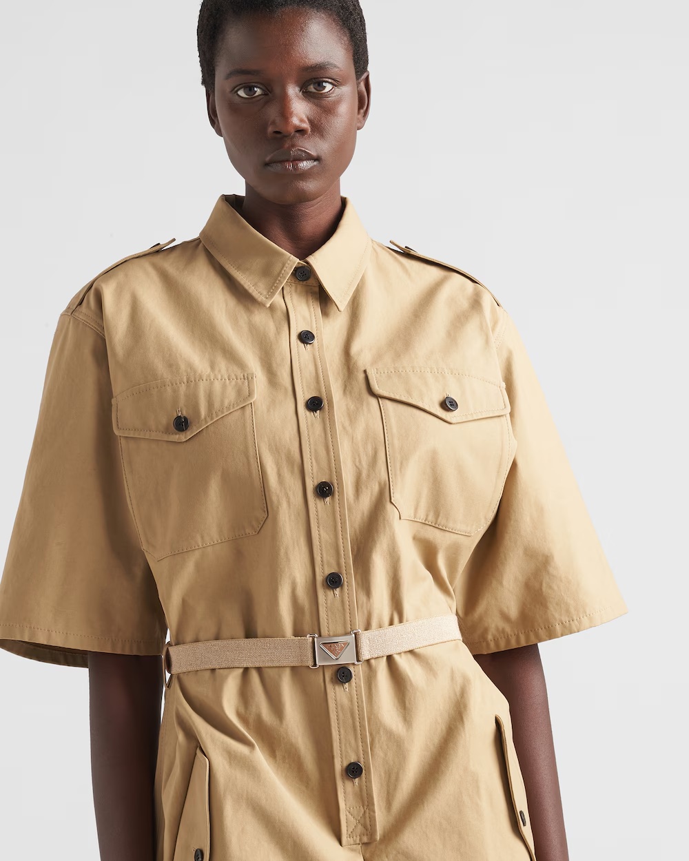 Prada Short-sleeved Button-down Jumpsuit In Khaki