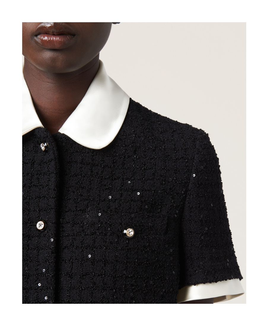 Miu Miu Bouclé Cardigan With Button Detailing And Contrast Collar In Black