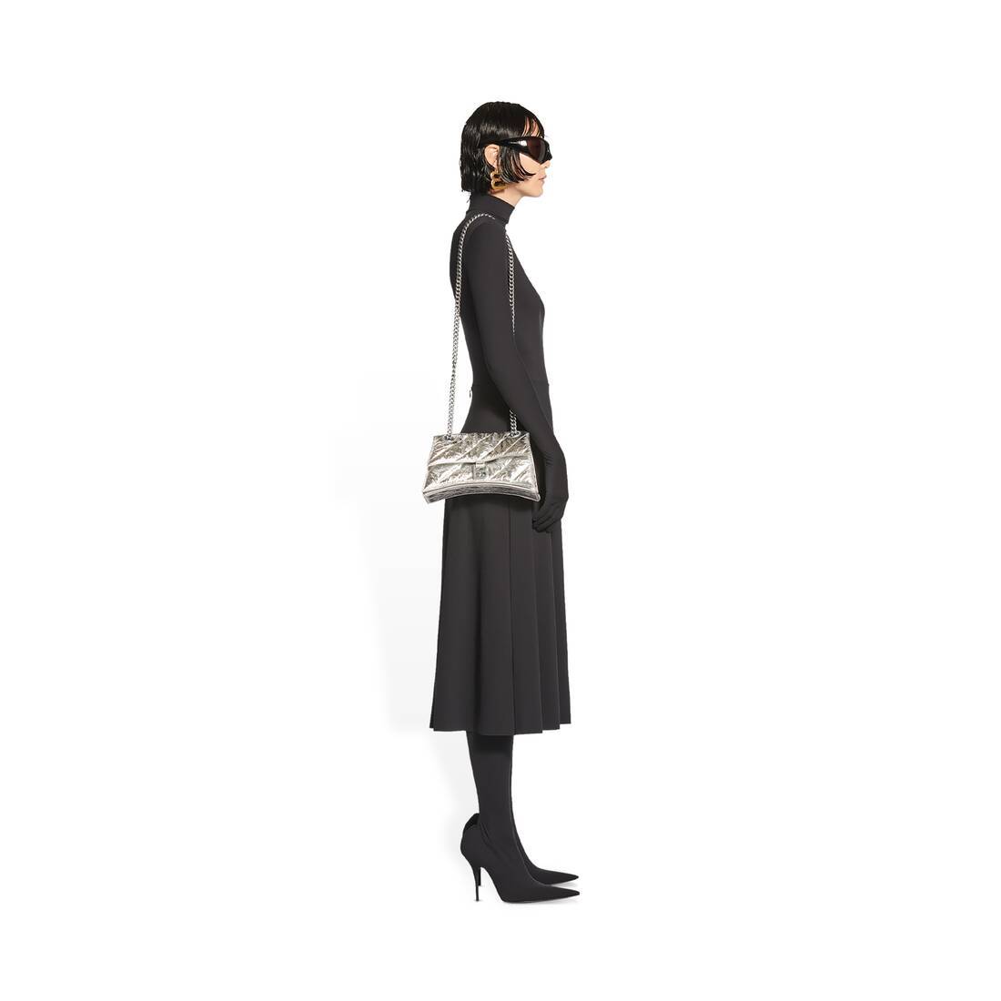 BALENCIAGA BORSA CRUSH PICCOLA TRAPUNTATA E METALLIZZATA CON CATENA DA DONNA IN ARGENTO