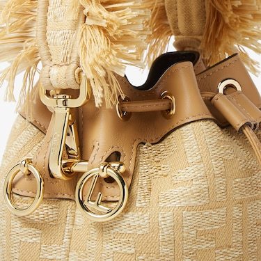 Shop Fendi Jacquard Fabric Mini-bag With Raffia Ff In Beige