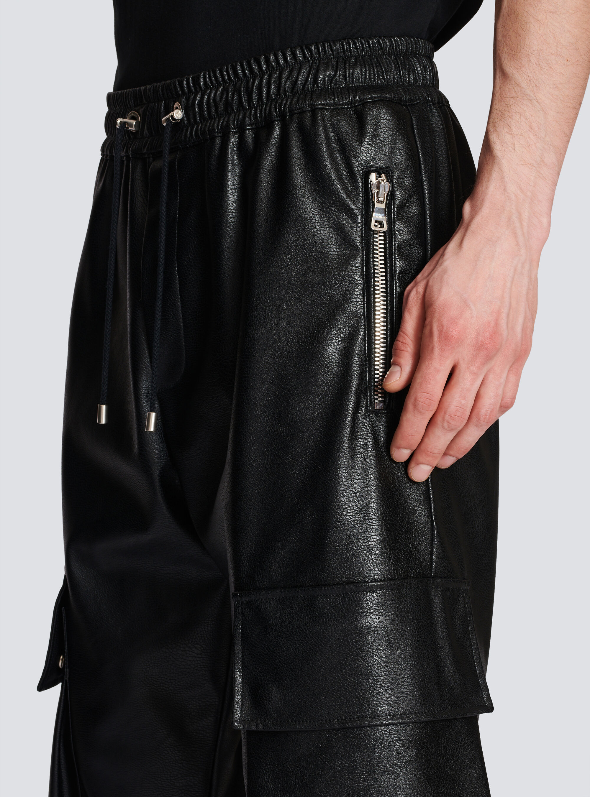 Balmain Vegan Leather Cargo Trousers In Black
