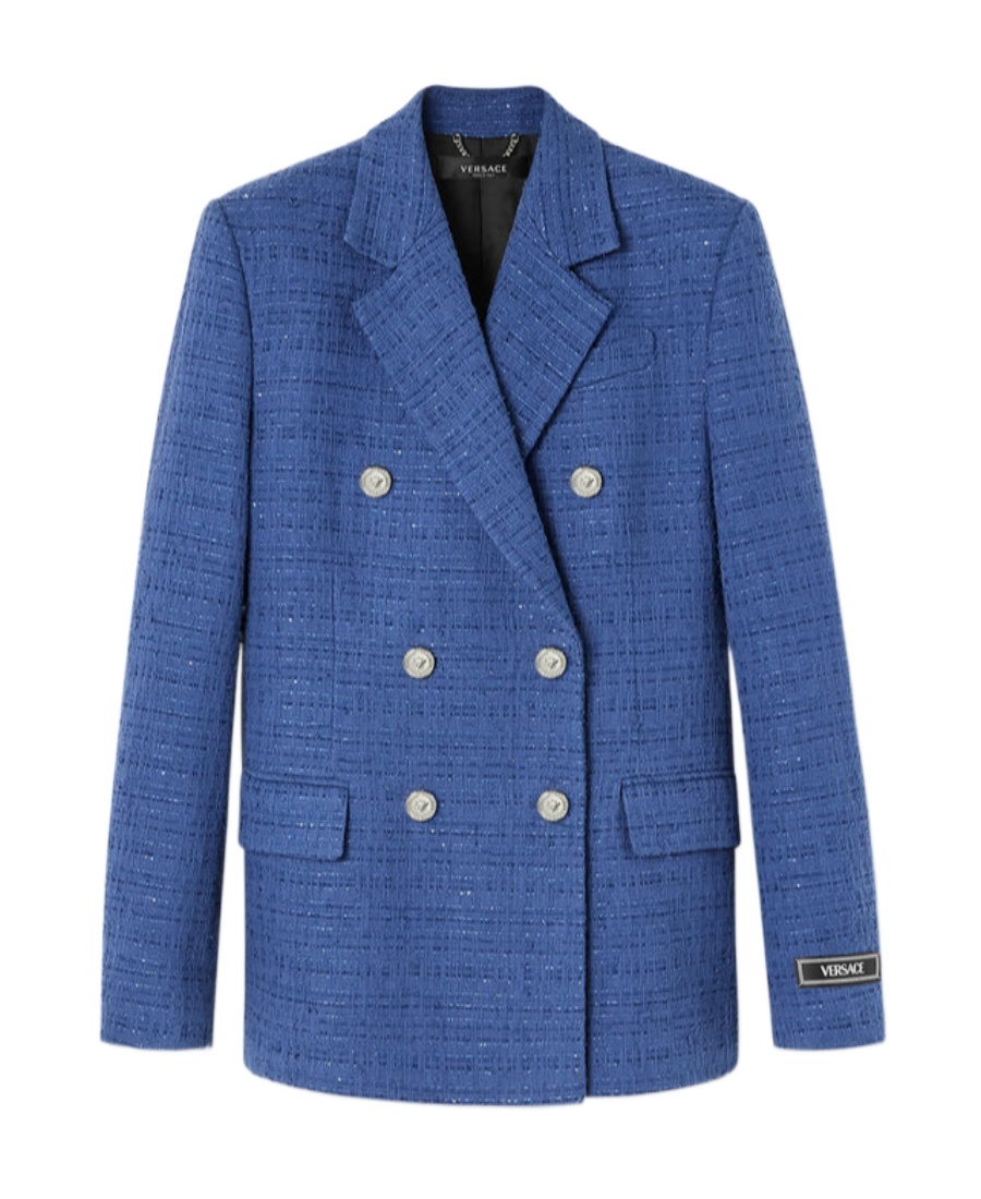 Versace Metallic-threading Double-breasted Blazer In Blue