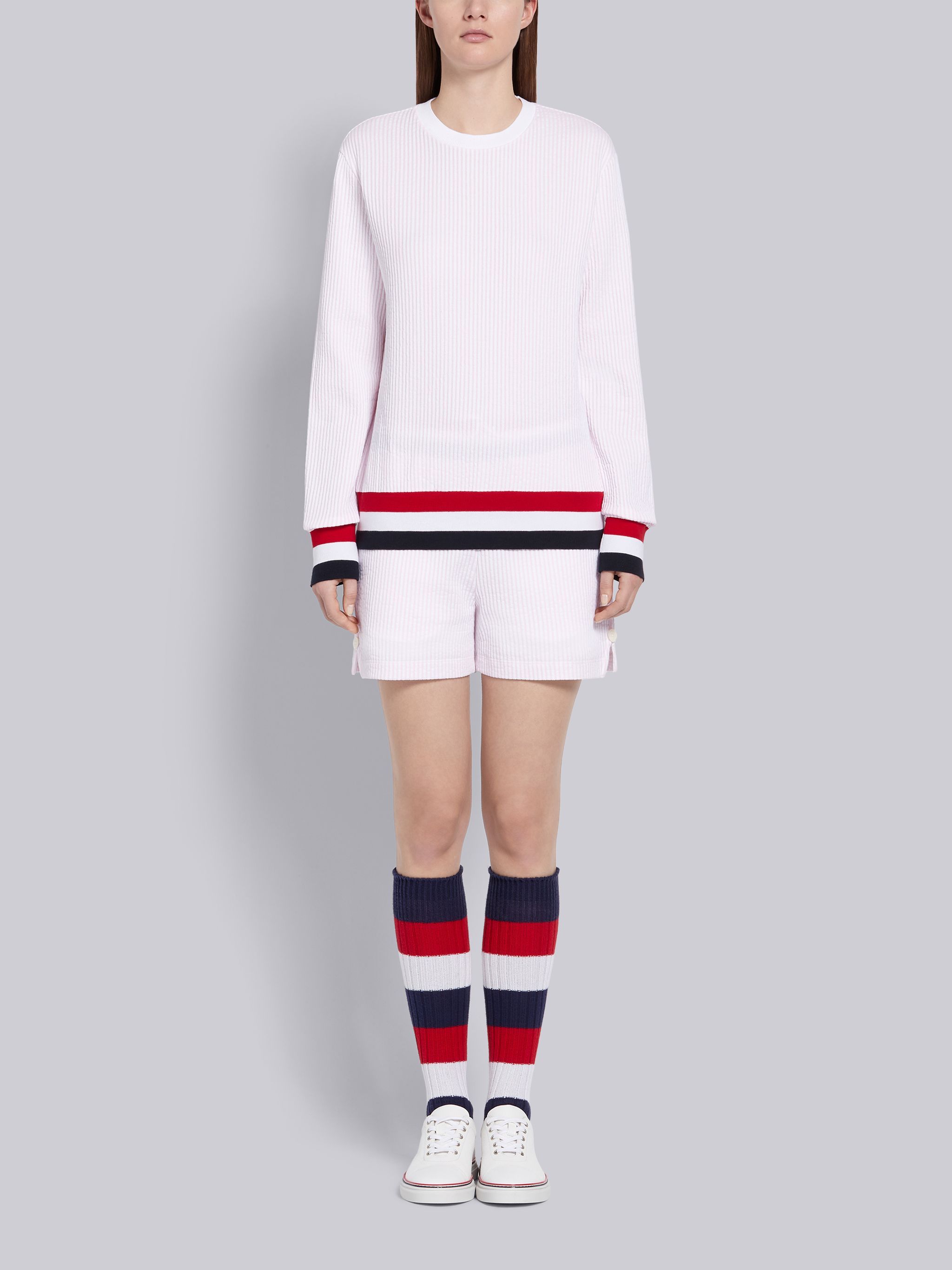 Thom Browne Tricolour-waistband Seersucker Shorts In White