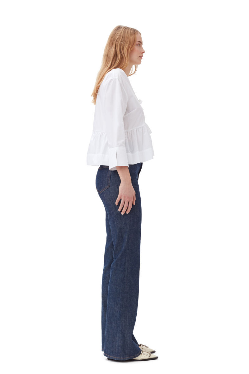 Ganni Bow-detailed Cotton-poplin Peplum Blouse In White