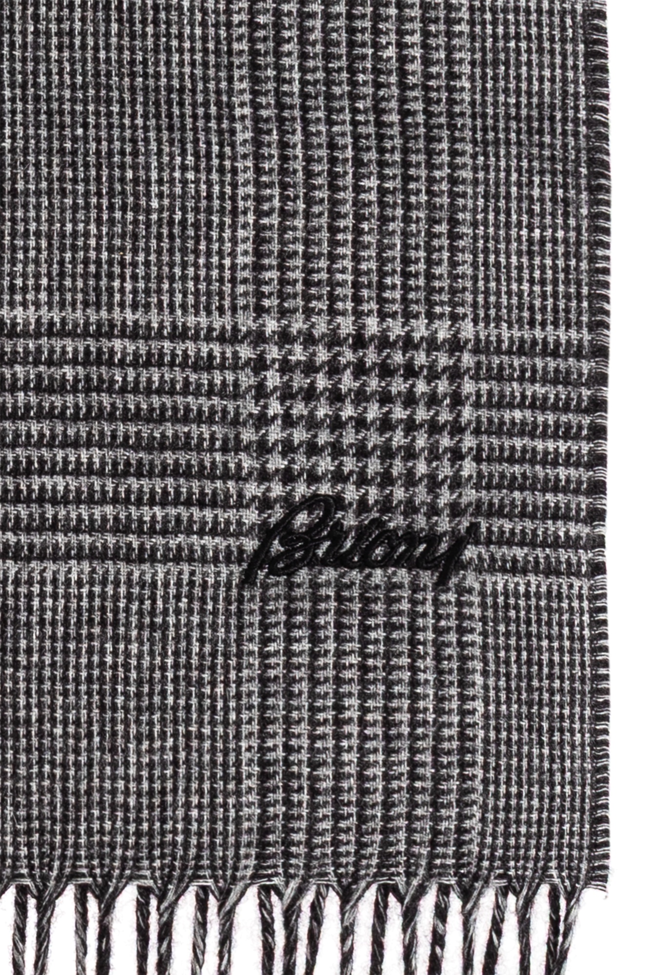 Brioni Houndstooth-pattern Fringed Scarf In Black