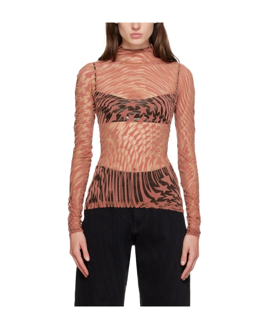 Mugler High-collar Long-sleeved T-shirt In Brown