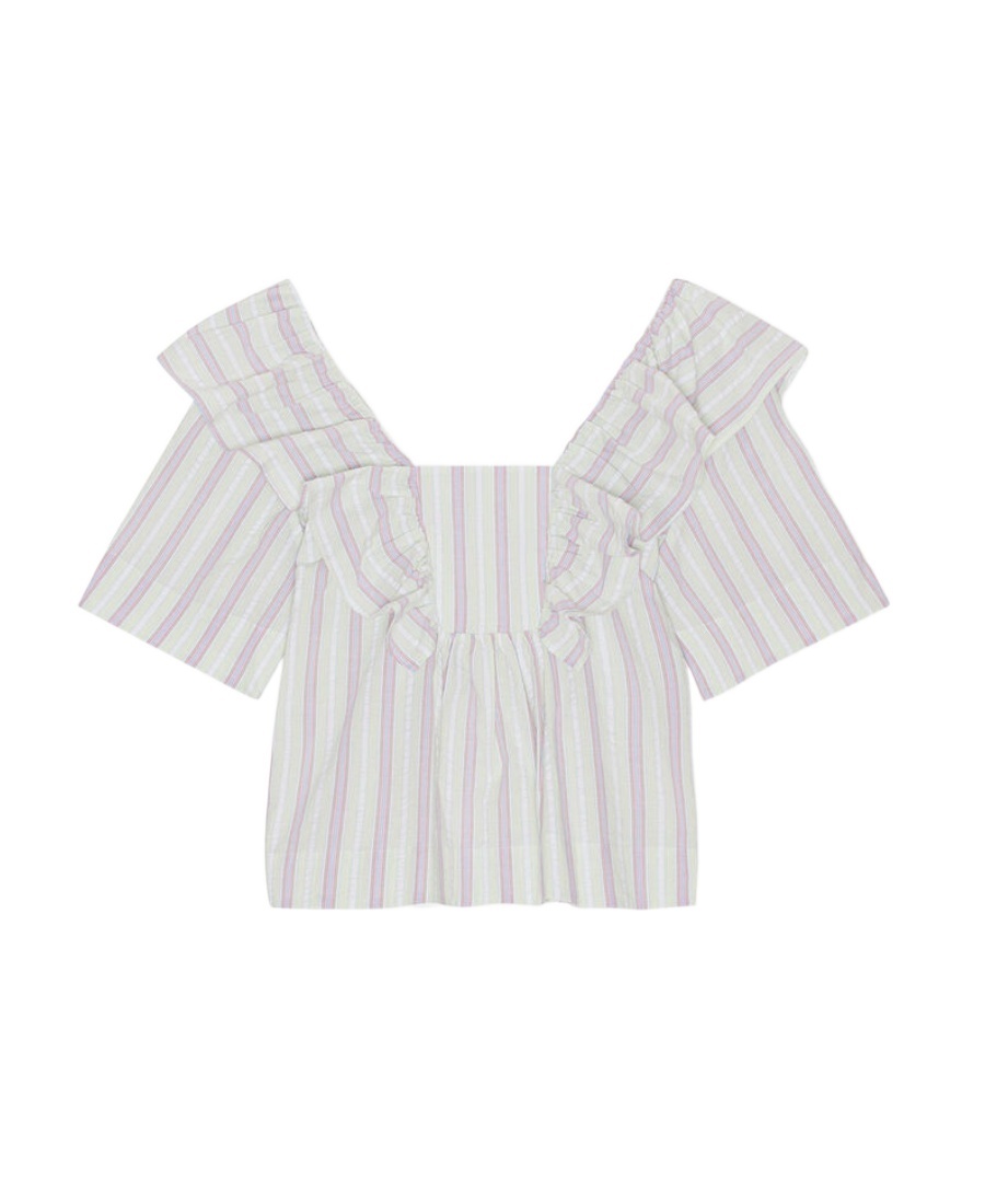 Ganni Striped Seersucker Ruffle Blouse In White