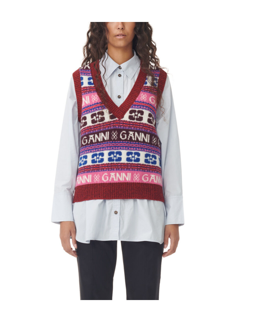 Ganni Logo Jacquard Wool-blend Sweater Vest In Red
