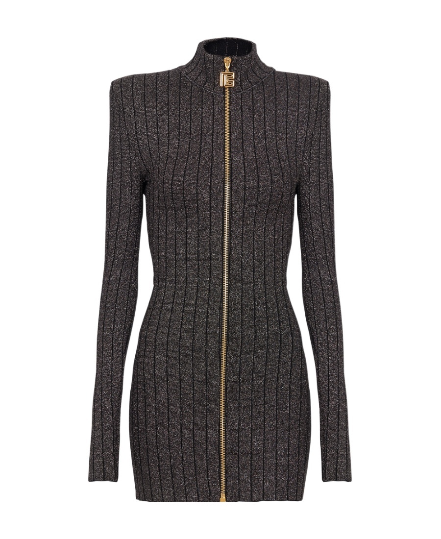 Balmain Lurex-knit Zipped Minidress In Black