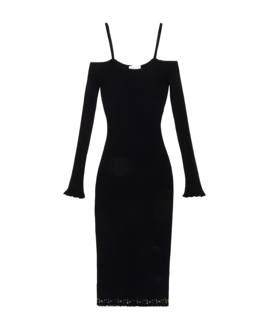 Blumarine Off-shoulder Ribbed Midi Dress In Black