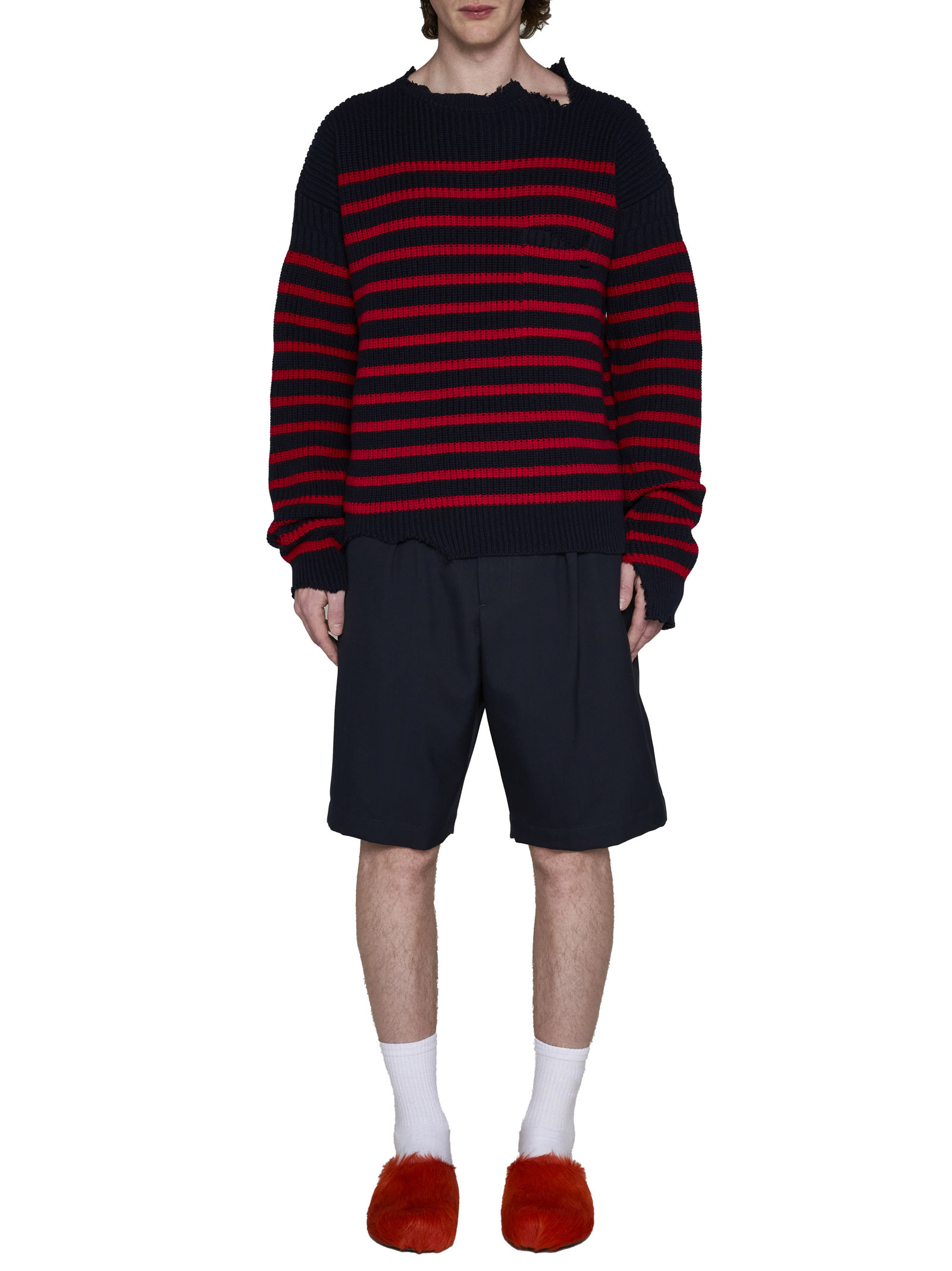 Marni Sailor Striped Distressed Crewneck Sweater In Black