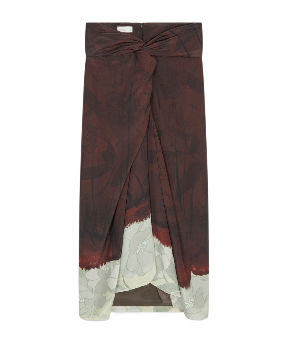 Dries Van Noten Woman Midi Skirt Chocolate Brown Size 12 Silk In Gray