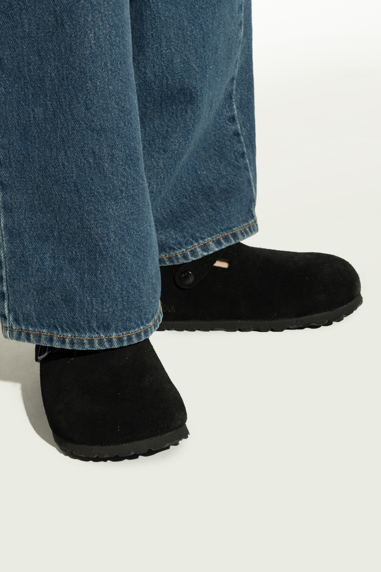 Birkenstock Buckle Cork Open Suede Mules In Black