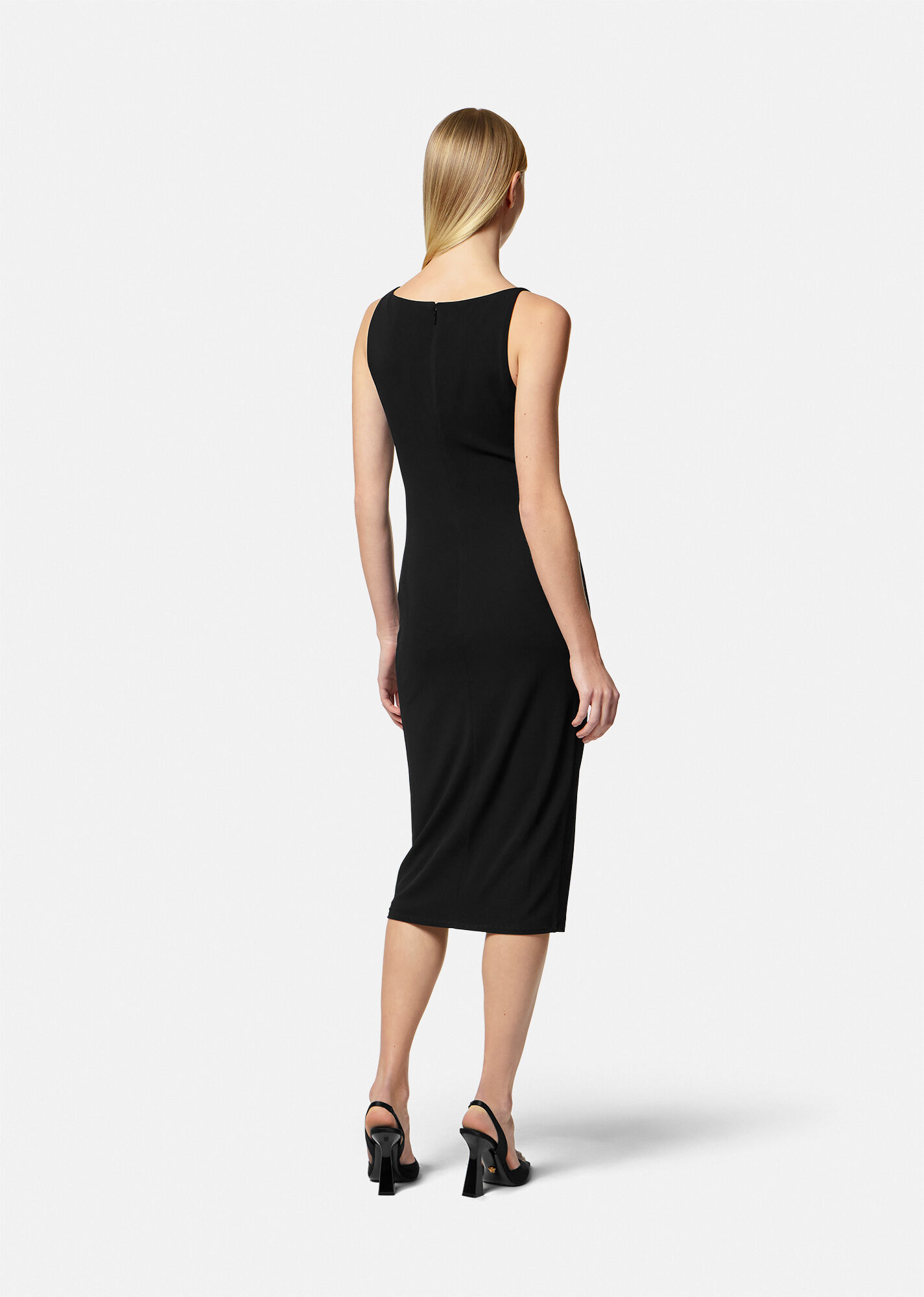 Versace Medusa Embellished La Greca Jacquard Knit Minidress In Black Technical