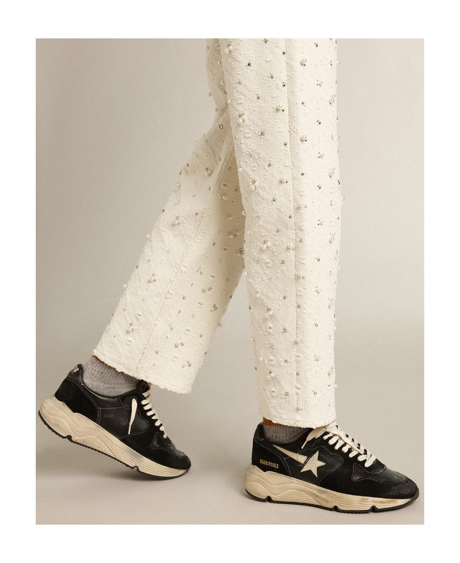Golden Goose Womens Running Sole Sneakers In Black Nappa Leather And Suede With White Leather Star In Black