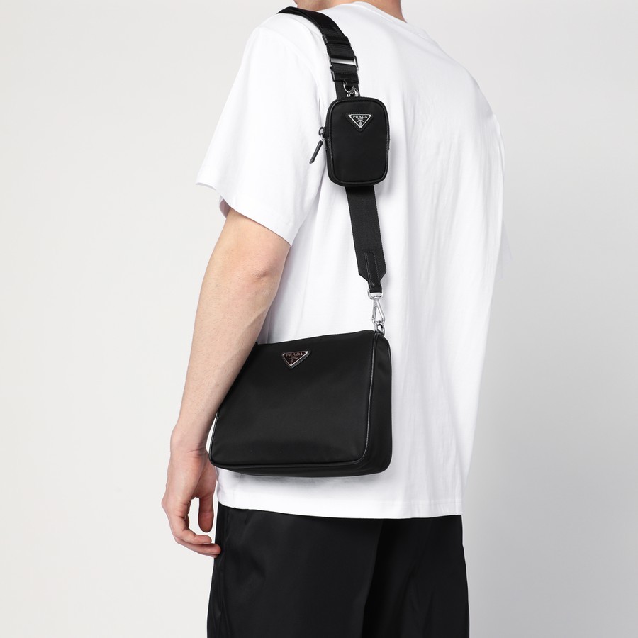 Prada Triangle Logo Re-nylon And Leather Messenger Bag In Black