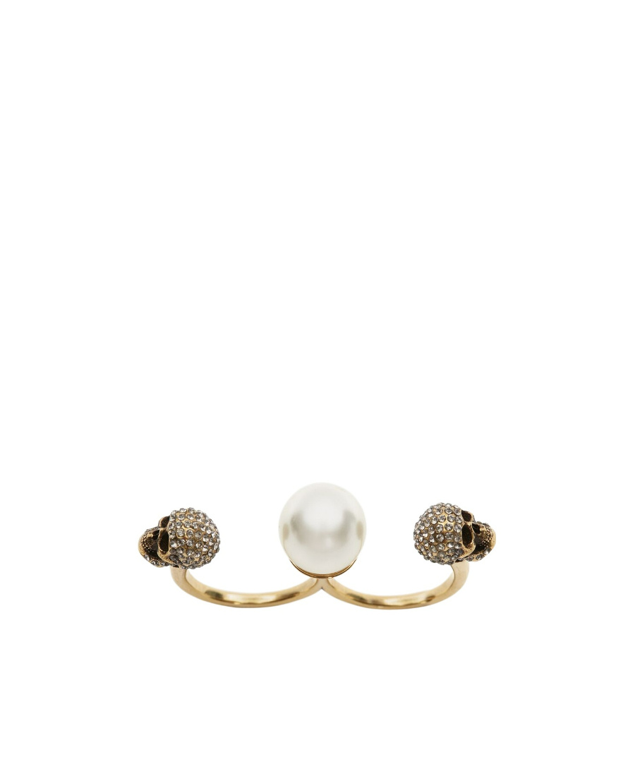 Alexander Mcqueen Gold-tone Double Ring With Crystal Embellished Skulls And Pearl In Brass In Yellow