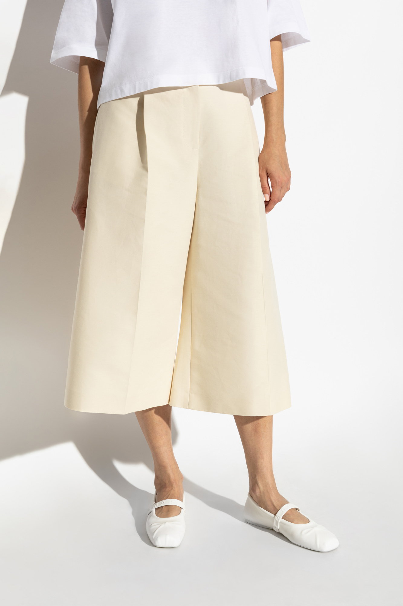 Marni Knee Length Pleated Wide Leg Trousers In White