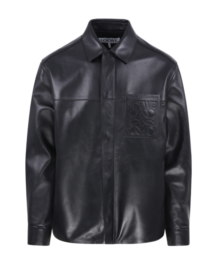Loewe Anagram Leather Zip-up Overshirt In Black