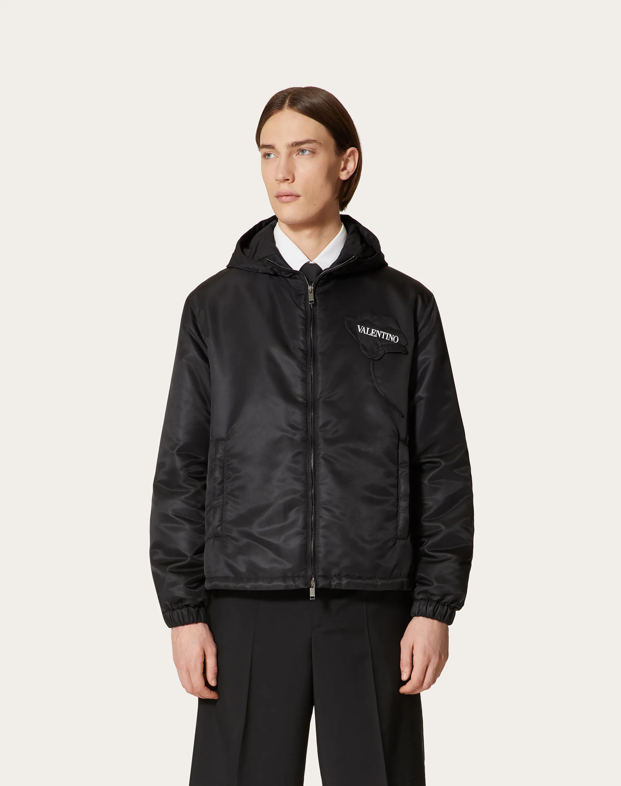 Valentino Hooded Logo-print Technical Windbreaker Jacket In Black