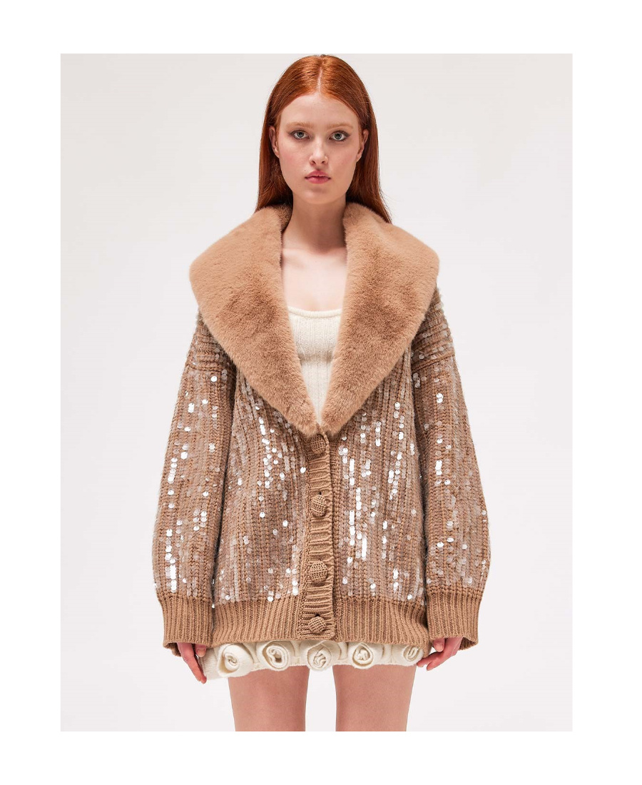 Blumarine Faux-fur Tirm Sequin Cardigan In Nude