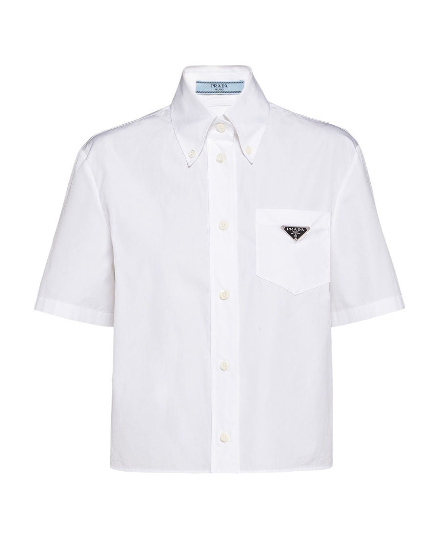 Prada Womens White Logo-plaque Cropped Cotton Shirt In White