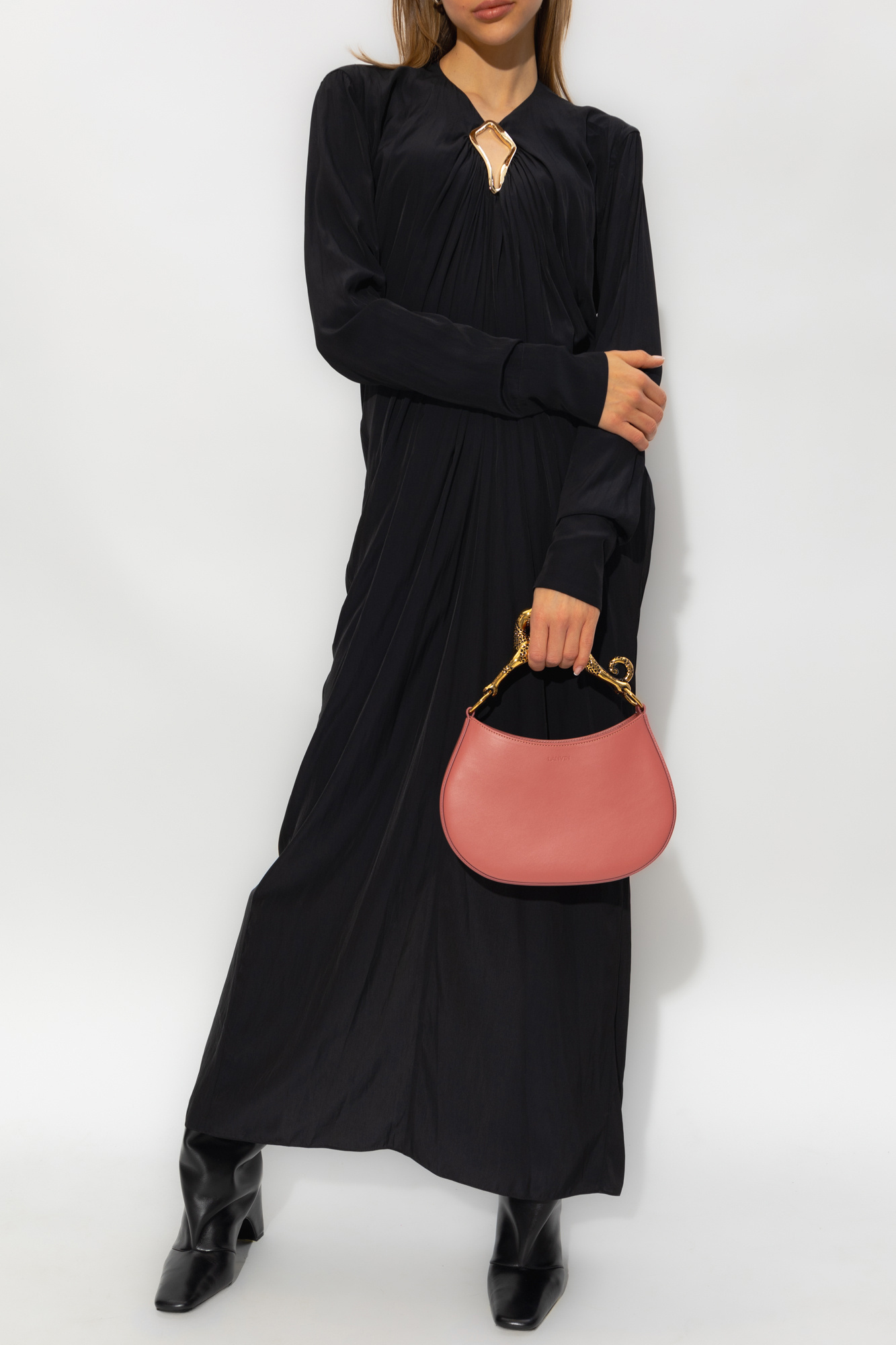 Lanvin Midi Cut-out Dress With V-neck And Long Sleeves In Black
