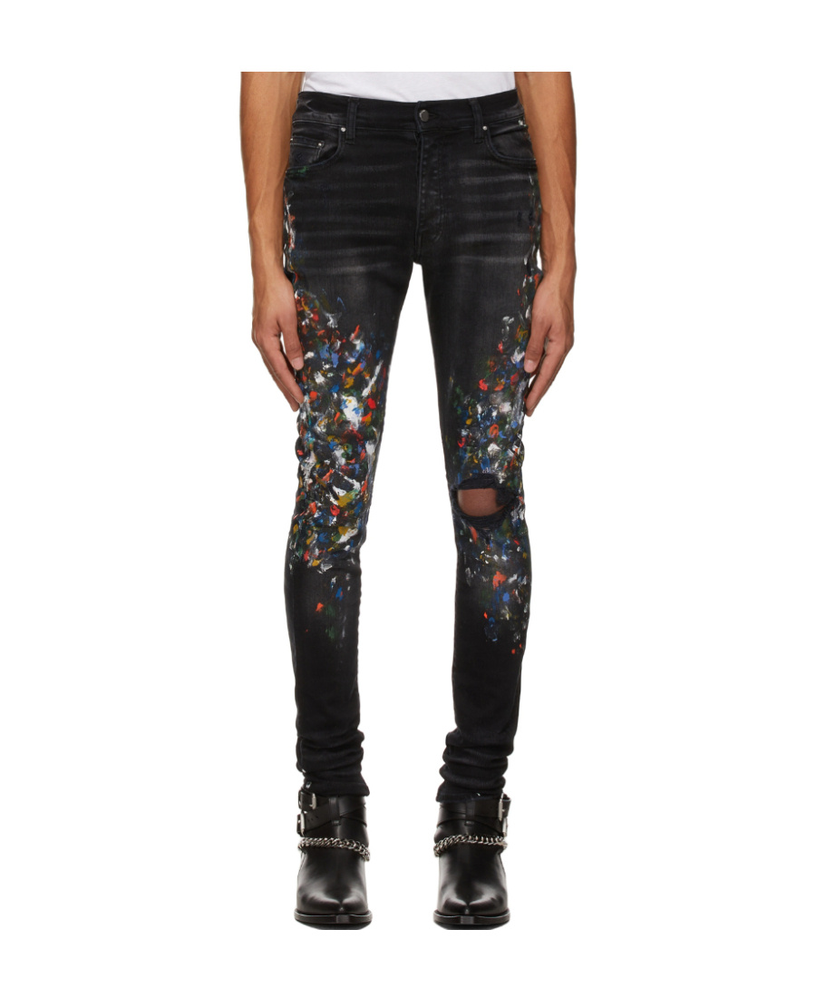 Amiri Paint Print Distressed Skinny Jeans In Black
