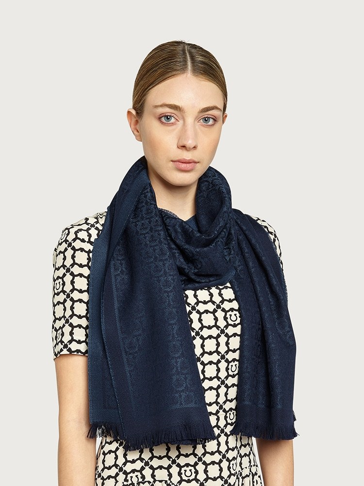Ferragamo Gancini Pattern Frayed Scarf In Black