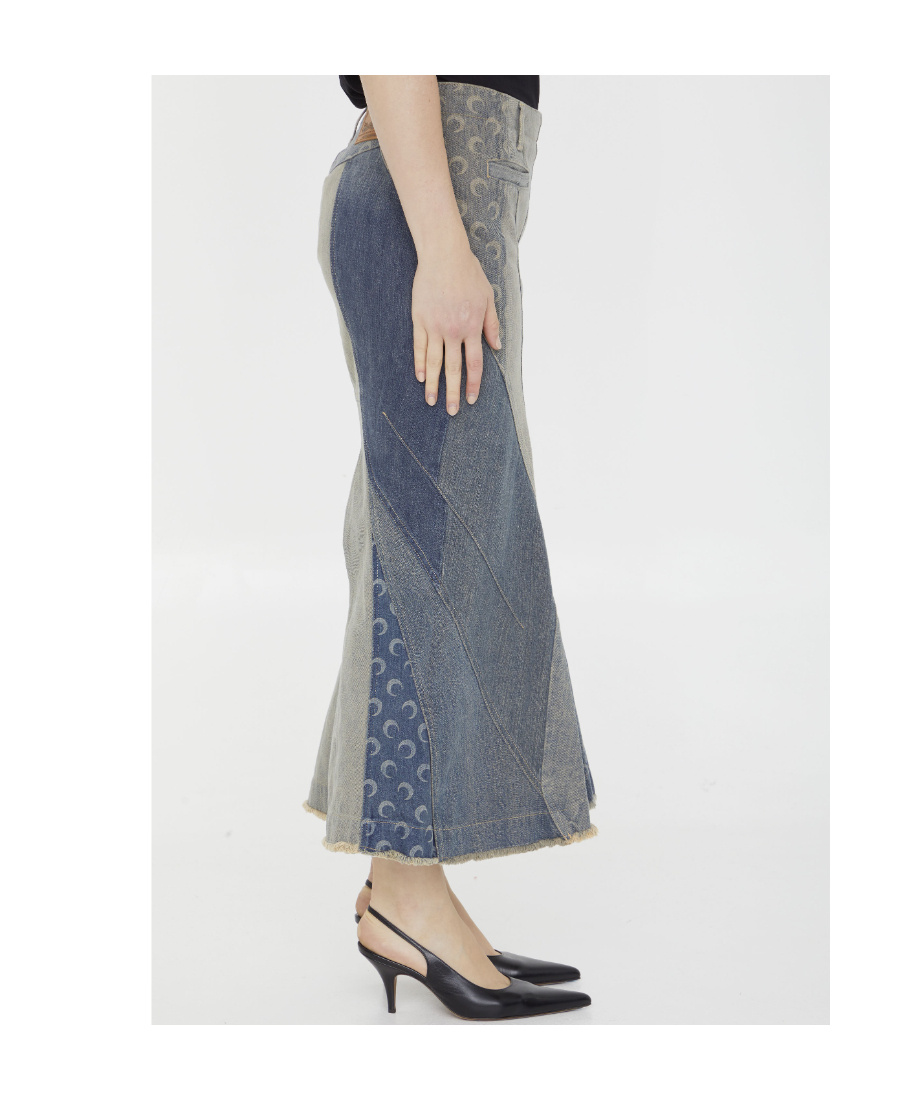 Marine Serre Panelled Denim Flared Skirt In Gray