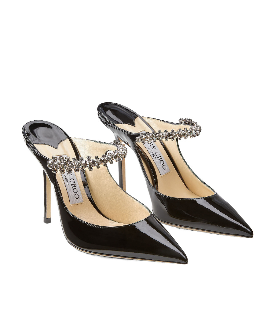 Jimmy Choo Black Leather Sabot Painted With Crystal Strap In Black