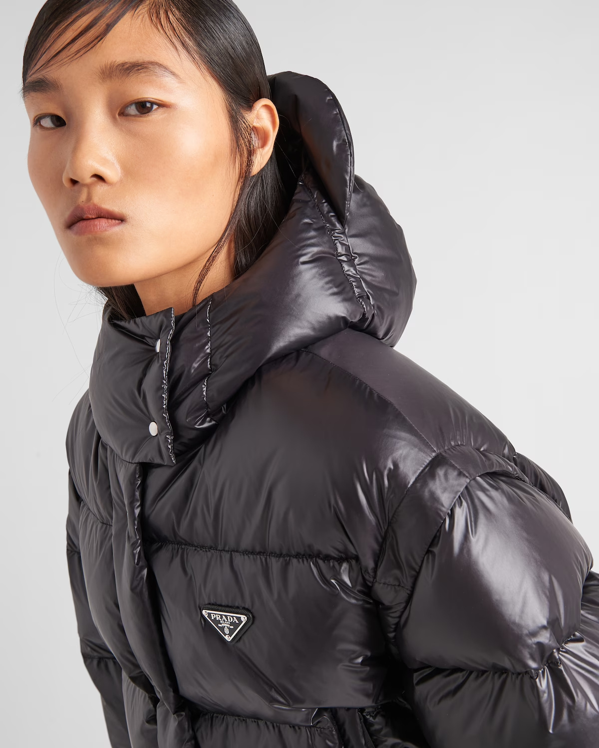 Prada Womens Black Logo-plaque Padded Cropped Shell-down Jacket In Black