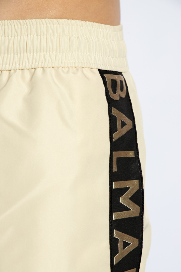 Shop Balmain Logo-stripe Swim Shorts In White