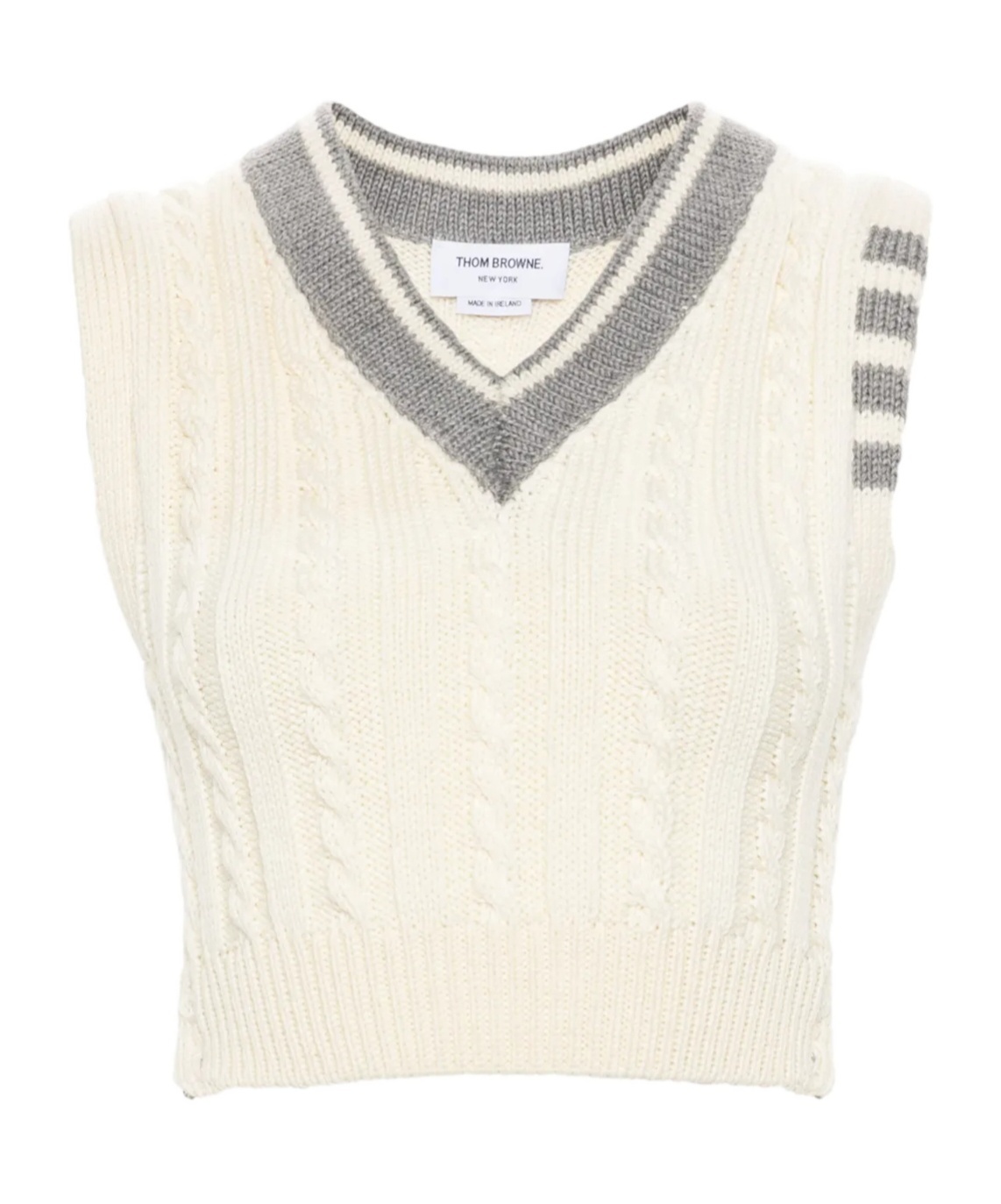 Thom Browne Classic Baby Cable Stitch Cropped V Neck Pullover In White