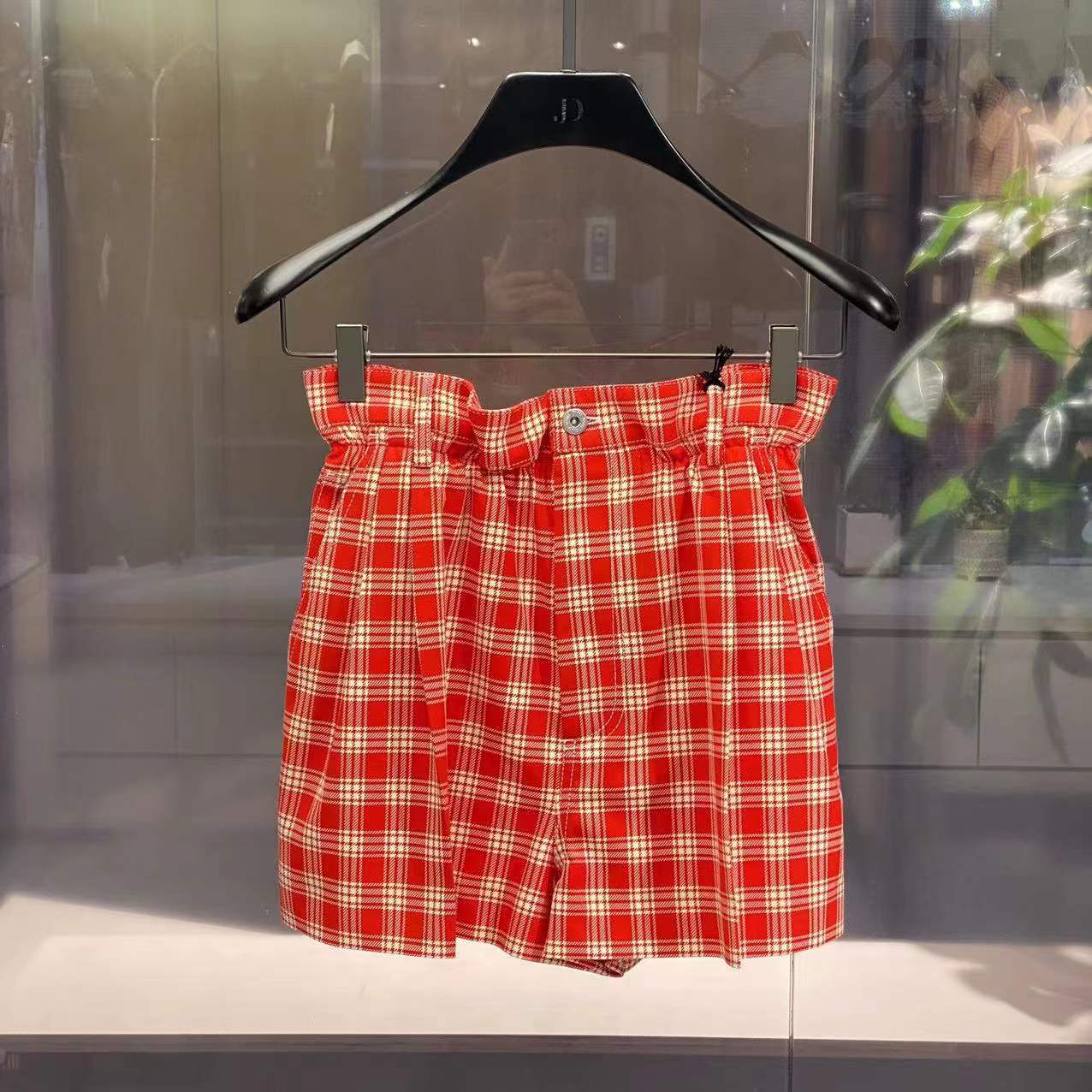 Miu Miu Paperbag-waist Checked Shorts In Pink