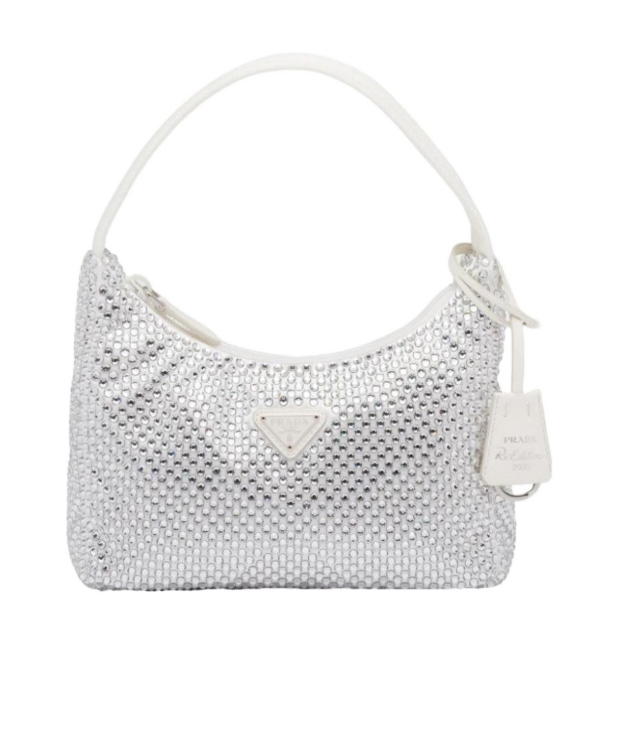 Prada Re-edition Satin Mini-bag With Crystals In White