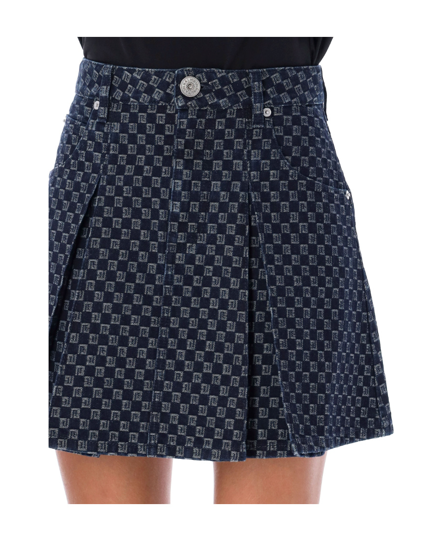 Balmain Pleated Monogram-jacquard Denim Miniskirt In Black