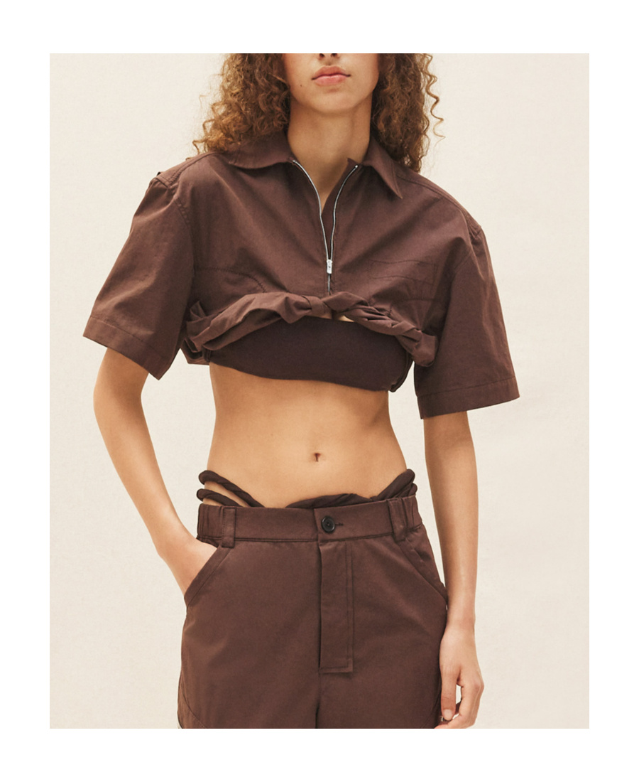 Jacquemus Silma Rolled-hem Cropped Top In Brown