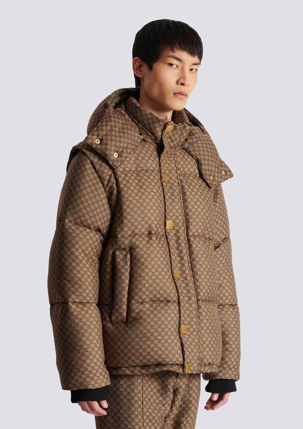 Shop Balmain Mini Monogrammed Down Jacket In Brown