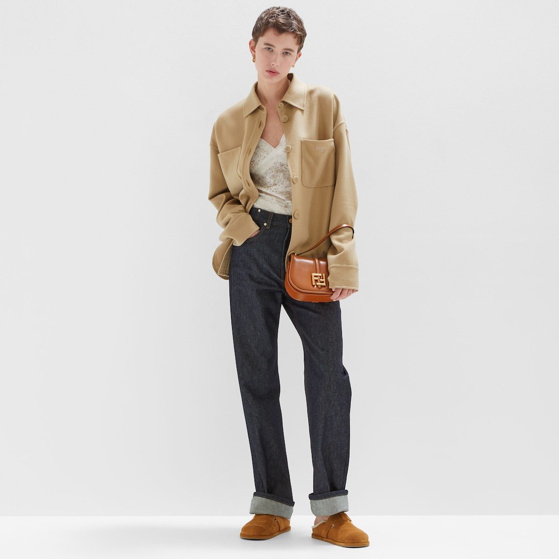 Fendi Go-to Jacket In Lana Beige In Nude