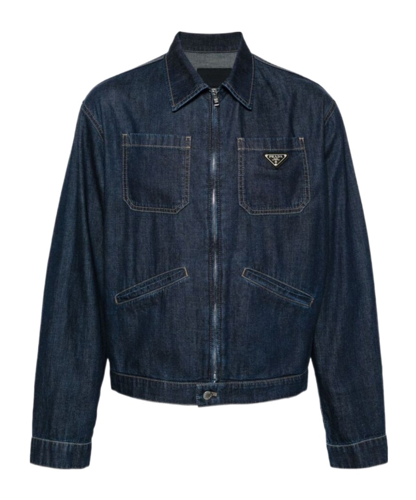 Prada Triangle-patch Zip-up Denim Jacket In Blue