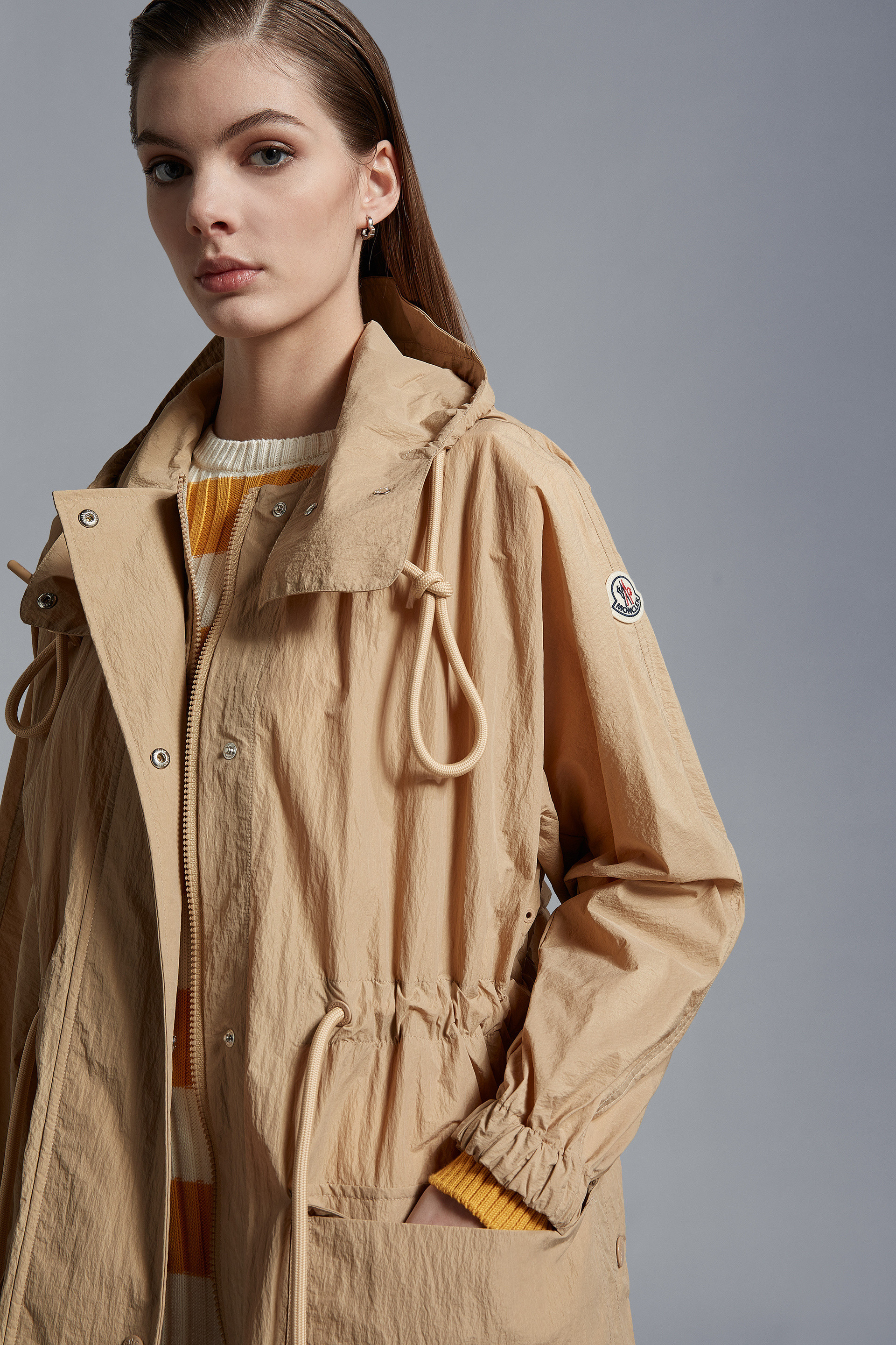 Moncler Drawstring-waist Hooded Coat In Nude