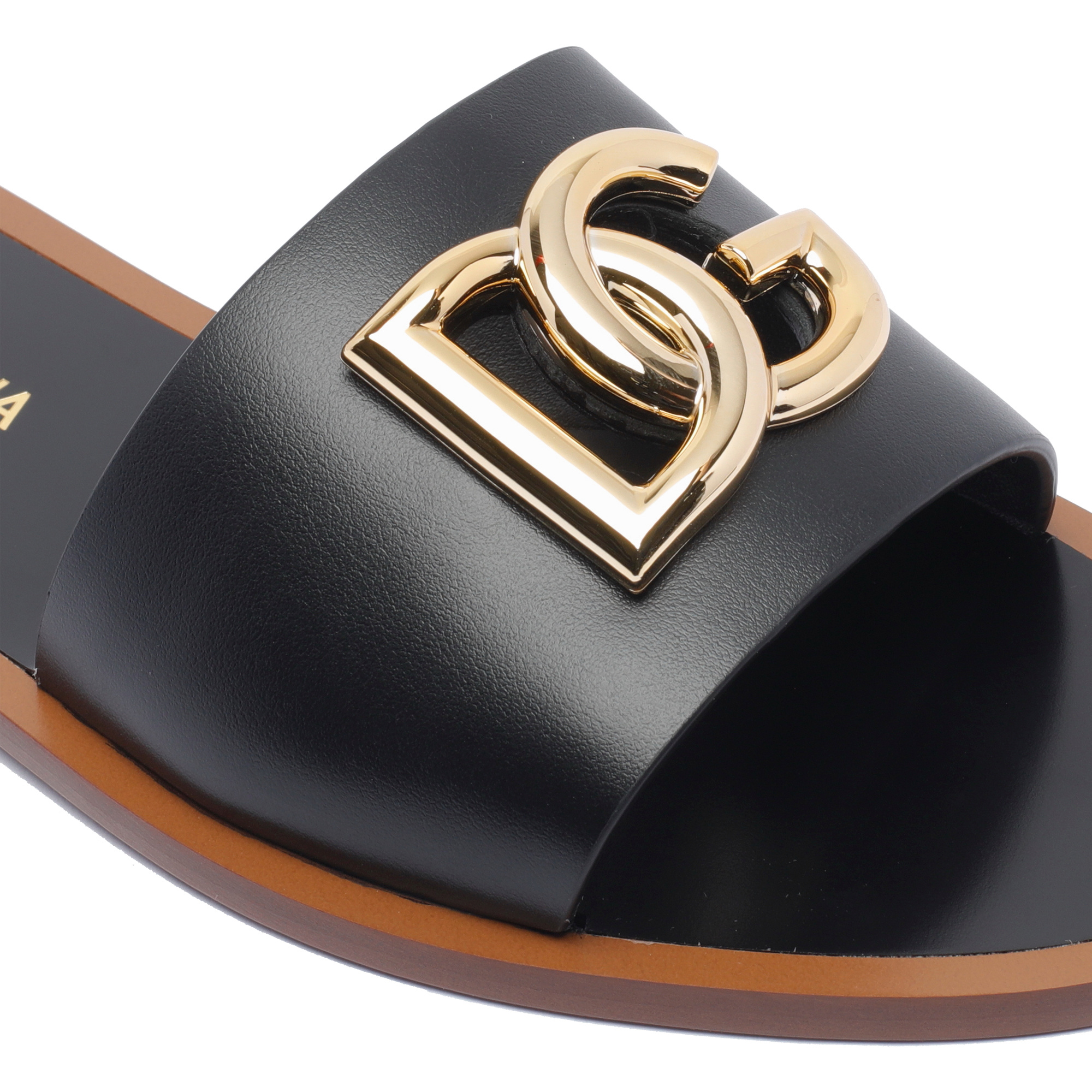 Dolce & Gabbana Flat Leather Slide Sandals With Front Embellishment In Black