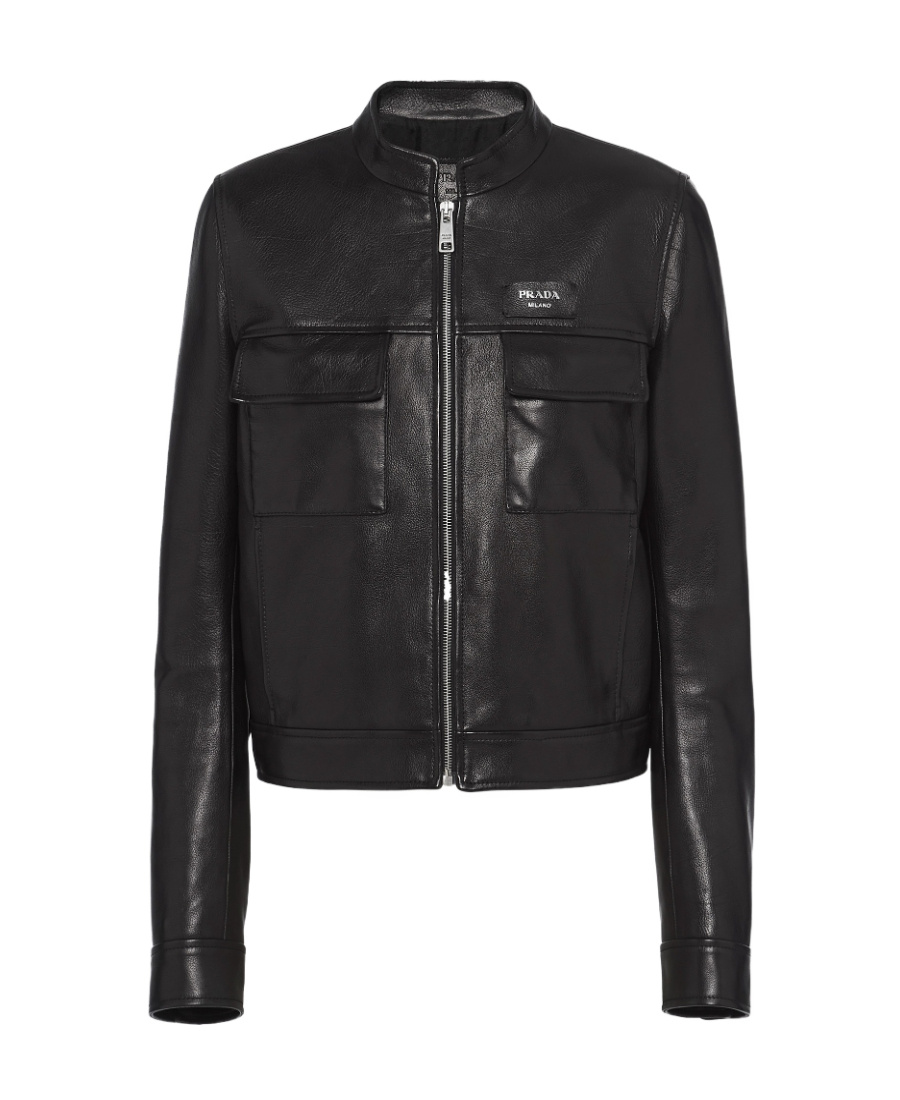 Prada Logo-patch Zip-up Leather Jacket In Black