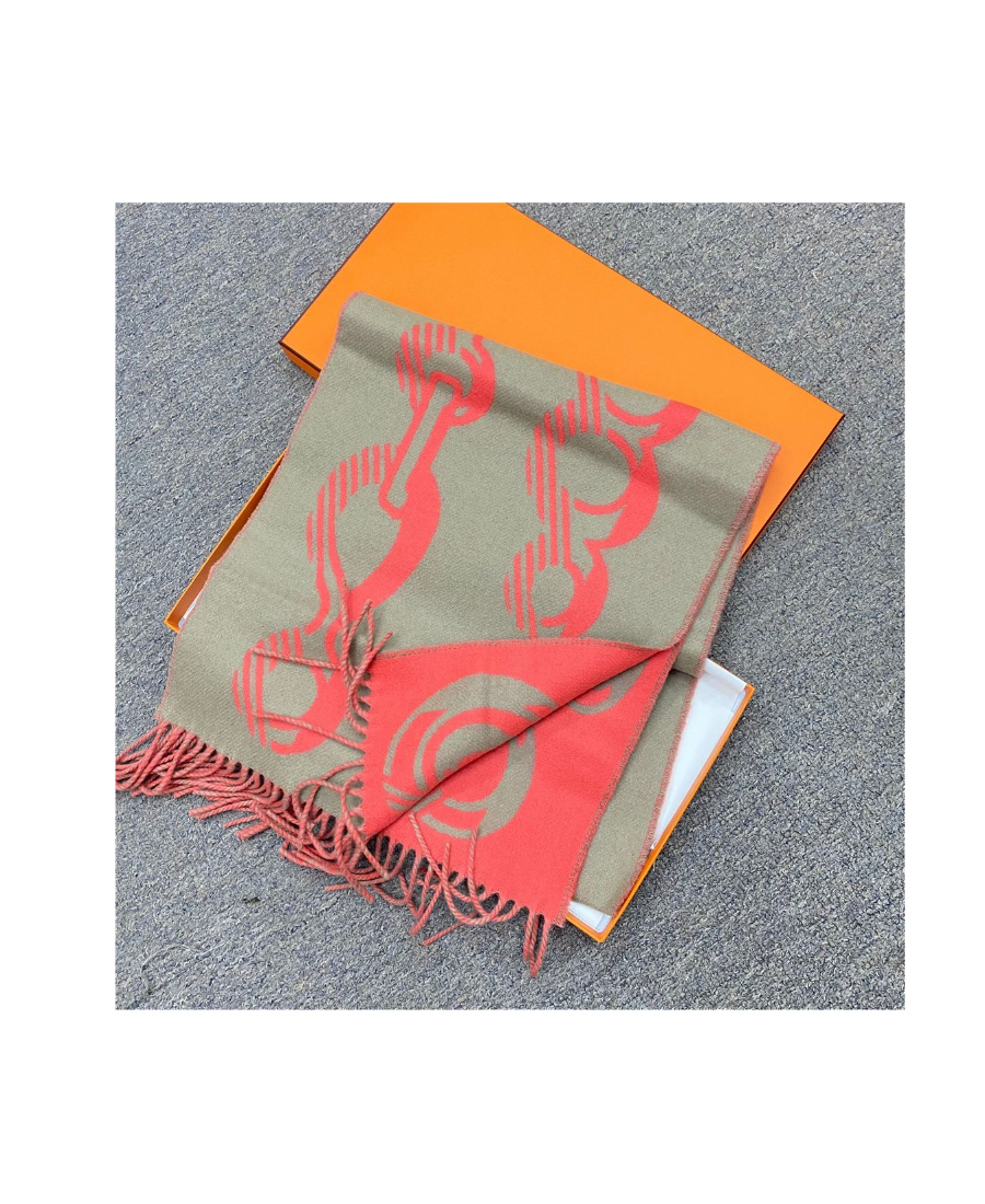 Pre-owned Hermes Logo Tassel Scarf In Gray