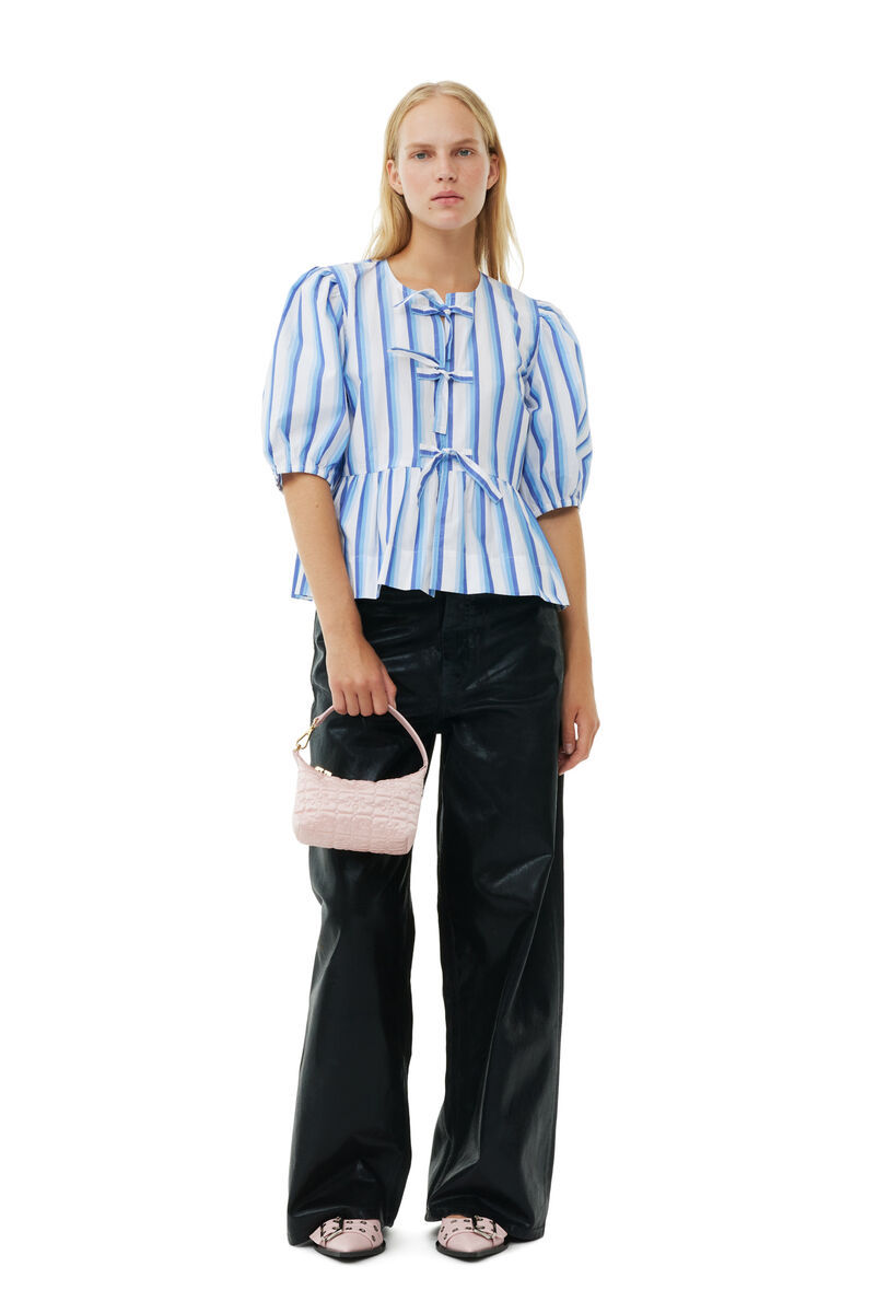 Ganni Blue Striped Cotton Poplin Peplum Tie Blouse