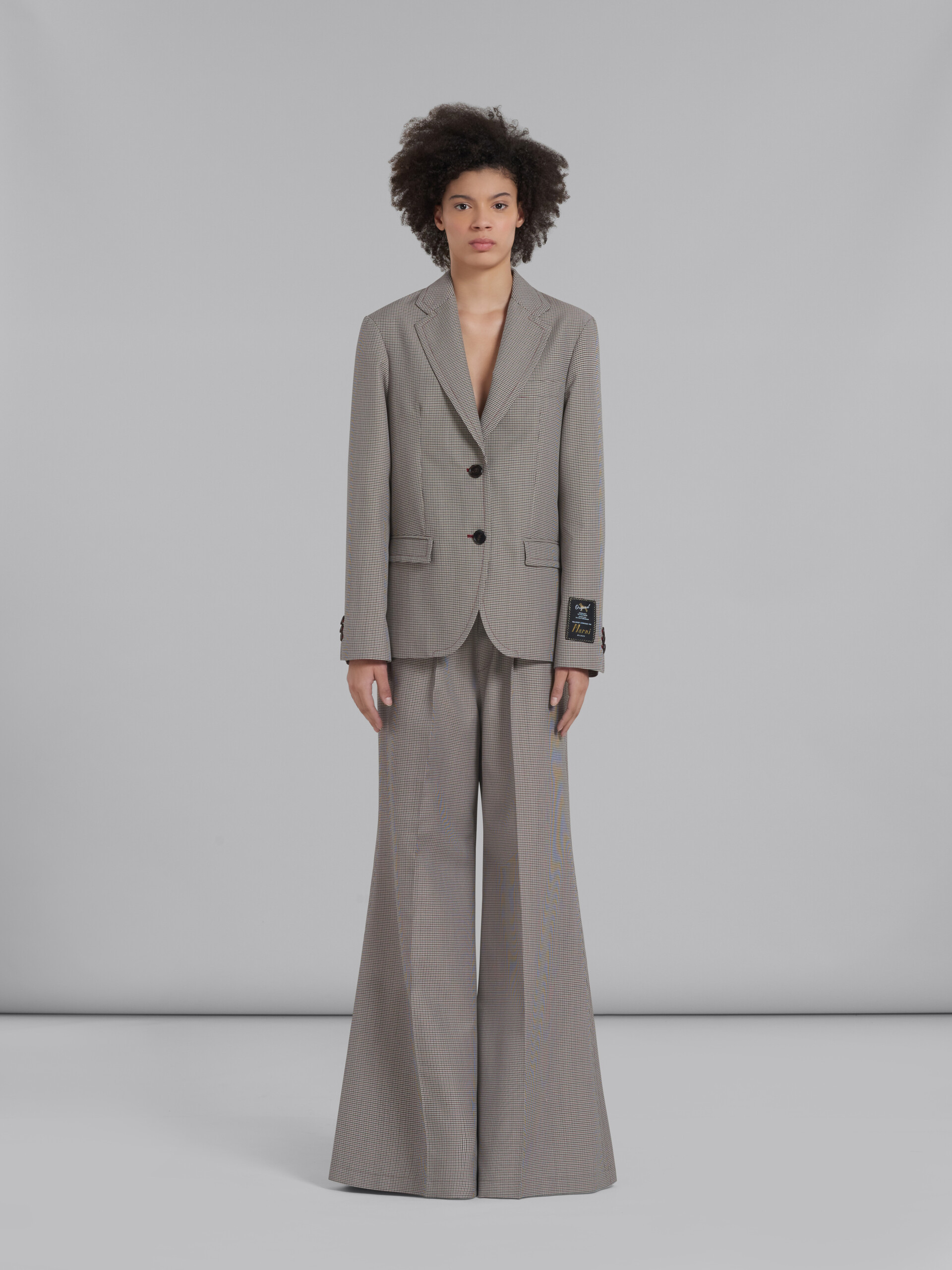 Shop Marni Logo-waistband Houndstooth Flared Trousers In Gray