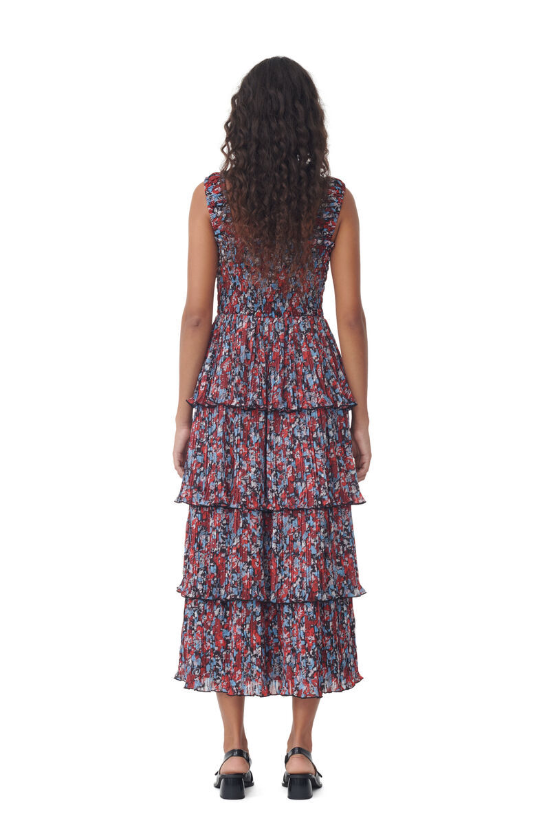 Ganni Red Pleated Georgette Flounce Smock Midi Dress In Red
